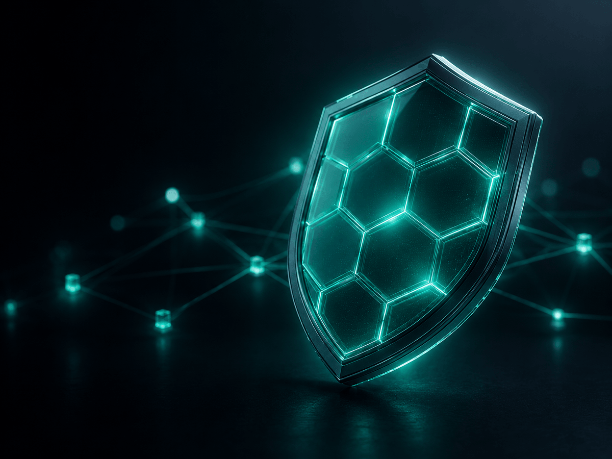 Floating cyan-green hexagonal shield surrounded by a network of connected nodes, 3D illustration