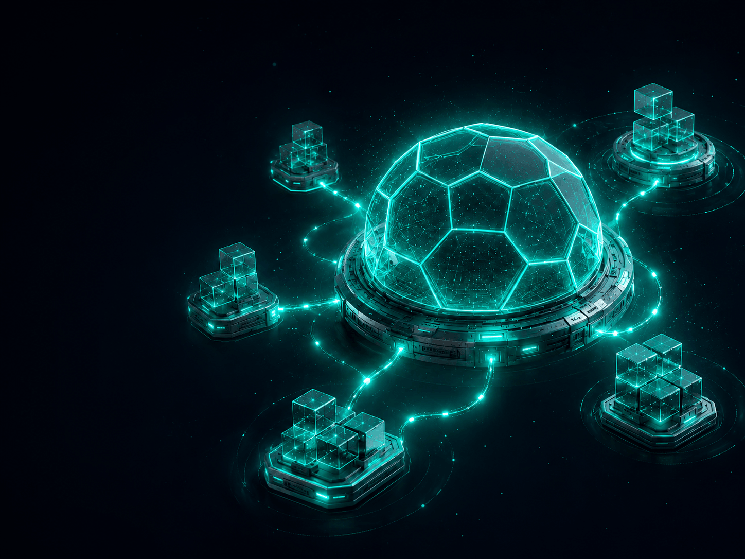 Aegis Vetis control plane: a cyan-green dome shielding three Kubernetes clusters in orbit, futuristic 3D illustration